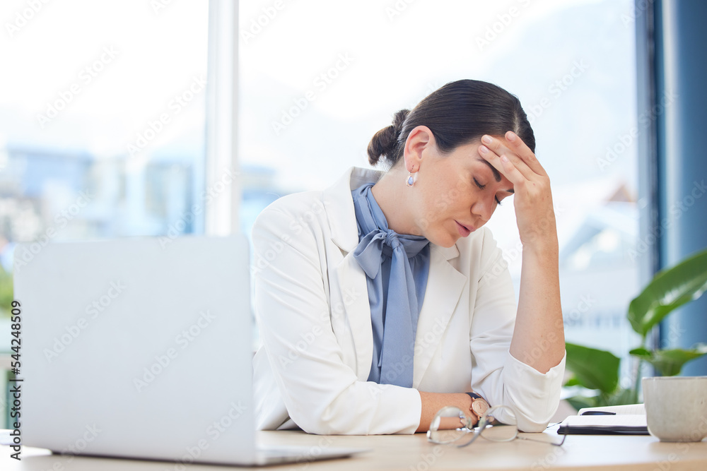 Burnout, stress and business woman at laptop and tired with headache from eye strain, overworked and compliance. Mental health, exhausted and anxiety with employee at desk with pain, fatigue and fail Burnout, stress and business woman at laptop and tired with headache from eye strain, overworked and compliance. Mental health, exhausted and anxiety with employee at desk with pain, fatigue and fail