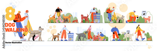Set of people walking and cleaning up after dogs. Flat vector illustration of happy casual men and women training, playing, having fun with pet animals of different breeds. Active leisure, friendship