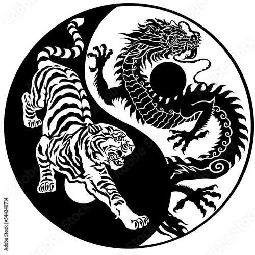 Tiger versus Chinese dragon energy in the yin-yang symbol of harmony and balance. Silhouettes of the two celestial feng shui animals. Black and white tattoo. Graphic style vector illustration 