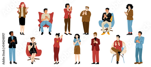 People clap, team congratulate colleague isolated set. Cheering and ovation concept with characters applaud. Men and women support, celebration, appreciation, Cartoon linear flat vector illustration