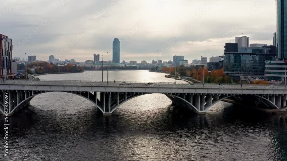 Aerial view of the bridge over the river in the city center Aerial view of the bridge over the river in the city center