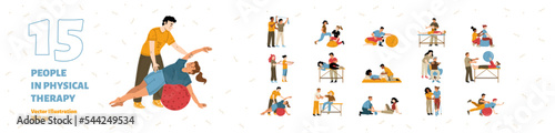 Physical therapy, rehab isolated set. People applying rehabilitation. Therapist work with disabled patients recuperate activity during physio procedures in clinic, Cartoon linear vector illustration