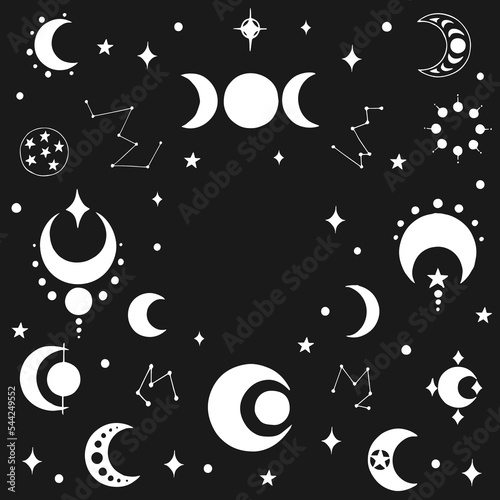 Frame of moon mystical and mysterious elements in hand drawn style. Perfect for textile, cards, mystery,  logo emblems and product packaging.
