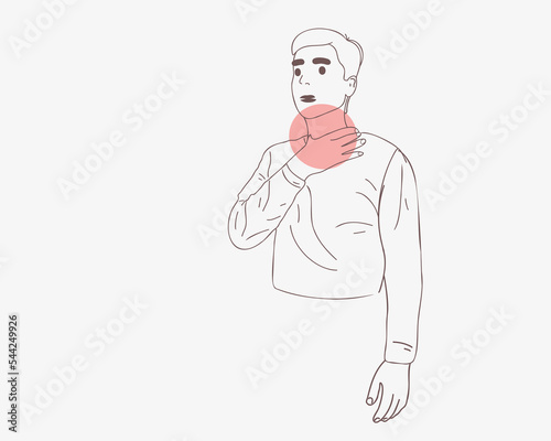 A man with a sore throat keeps his hand on his inflamed neck. Doodle or line style photo