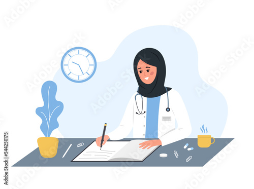 Female doctor writing medical prescription. Islamic woman in white coat and hijab sitting at table and write recipe for patient. Healthcare and pharmacy concept. Vector illustration in cartoon style.