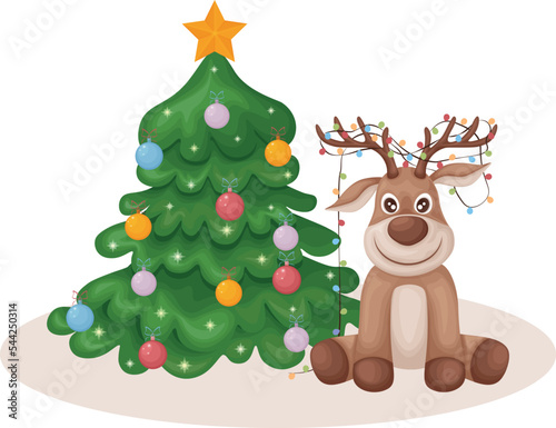 Deer near the Christmas tree. Christmas illustration with the image of a cute deer sitting near a decorated Christmas tree. A deer with garlands on its horns. Vector illustration