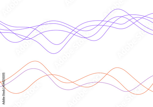 Lines curve waves as sound wavy pattern energy flow color vector design element or simple random thin strokes background for technology red blue purple graphic, swoosh curly dynamic scribble image