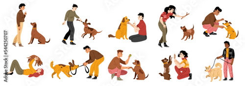 People training dogs, hug and play with puppies. Pet owners walk with dogs on leash, play with them with balls, sticks, train obedience, vector hand drawn illustration isolated on white background