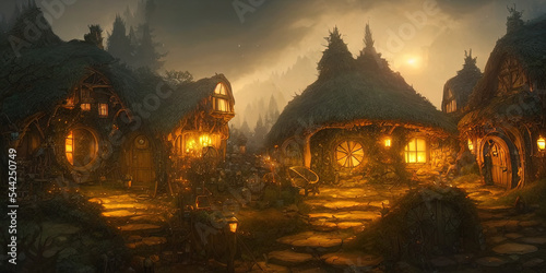 night scene of a hobbit village photo