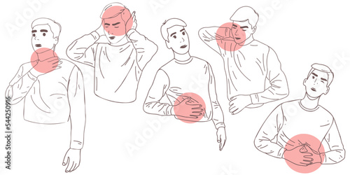 Man with inner pain. Headache, pain in the ears, neck, stomach, liver and other internal organs. Doodle hand drawn vector. Set