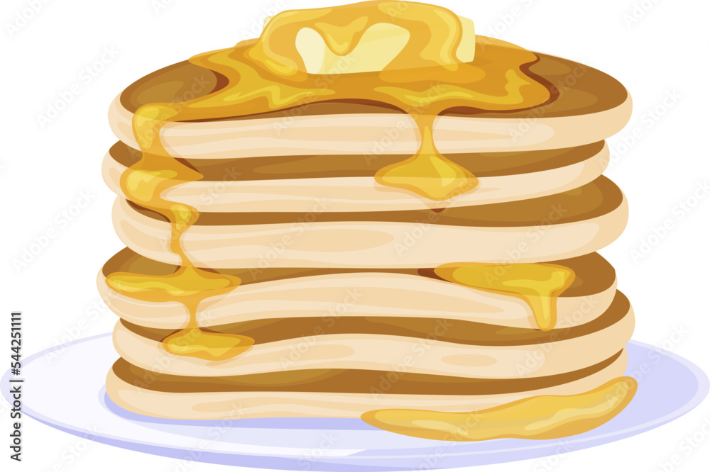 Pancakes with butter stack serving on plate vector flat baking breakfast homemade dessert Pancakes with butter stack serving on plate vector flat baking breakfast homemade dessert