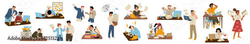 Set of annoyed people at work flat vector illustration on white. Scenes with office employees tired of stressful job, colleagues having conflict, angry boss yelling, man fired, woman suffering burnout