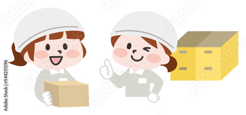  軽作業スタッフの女性とコンテナ 