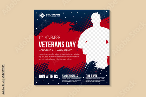 editable banner template design. Veterans day, 11 november social media banner design. blue background with brush red element. Suitable for social media, and banner. Vector design with a photo collage