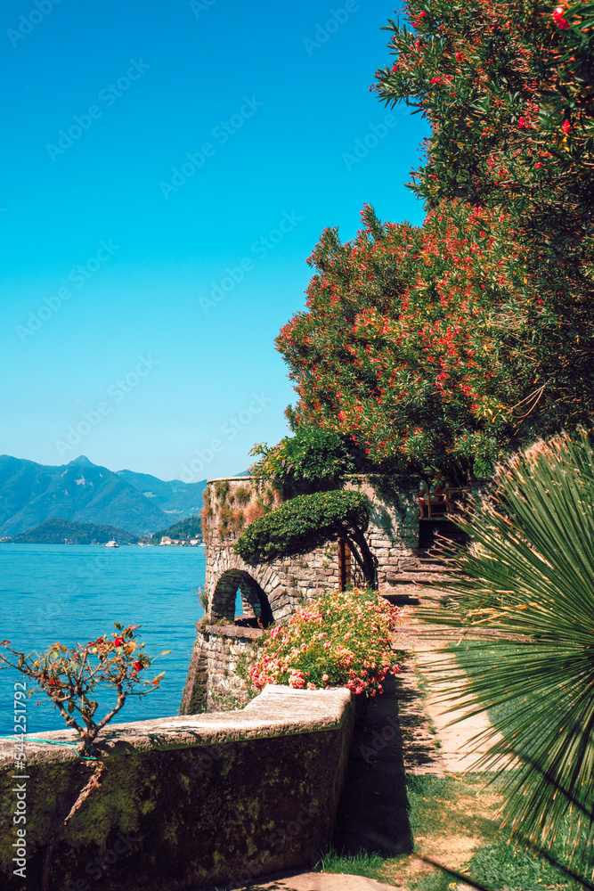 Beautiful view of Lake Como and Alpine mountains visible from the botanical garden of Villa Cipressi, Varenna, Italy. Italian landscape, on a sunny summer day.