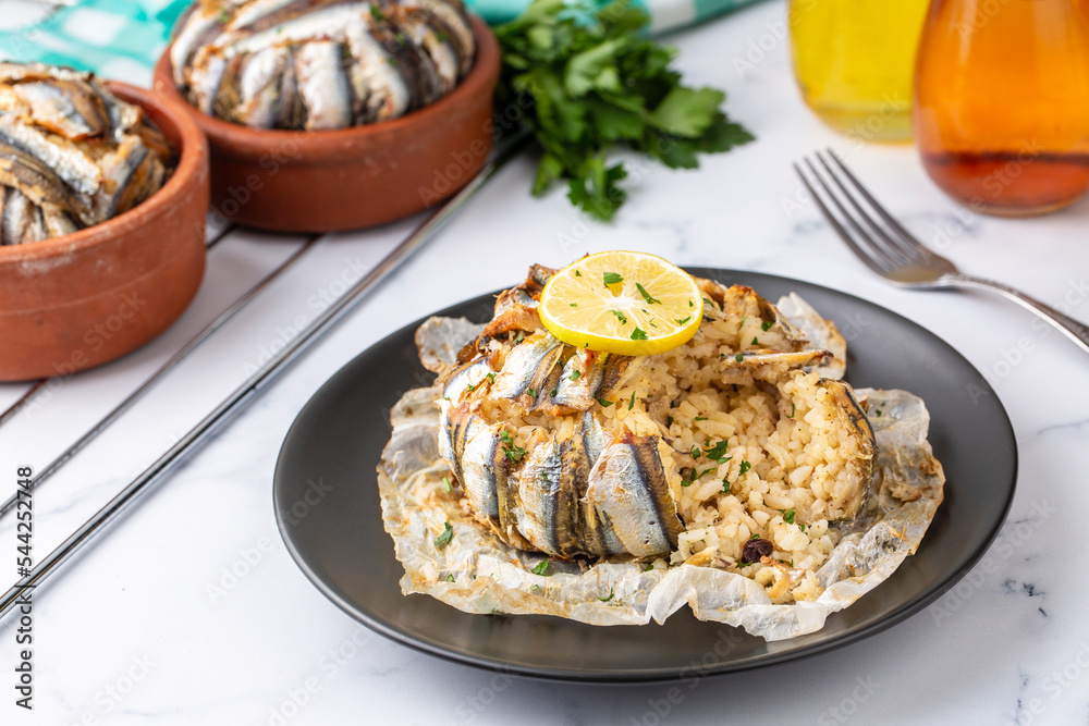 Anchovy pilaf (hamsi pilav), Turkish cuisine, Black Sea specialty (Turkish name; hamsili pilav) Anchovy pilaf (hamsi pilav), Turkish cuisine, Black Sea specialty (Turkish name; hamsili pilav)