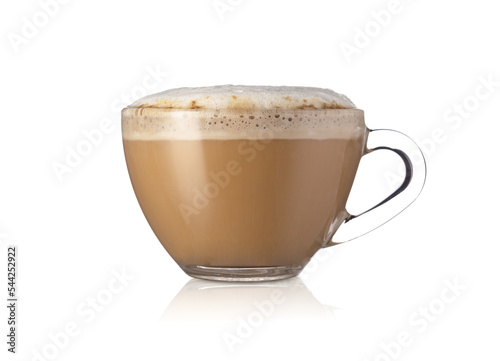 Cup with cappuccino coffee and milk foam isolated on white background.