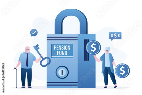 Couple of elderly people insert coins in reliable bank, deposit account, pension fund. Secure retirement savings. Money management, passive income, profitable bank deposit for grandparent.