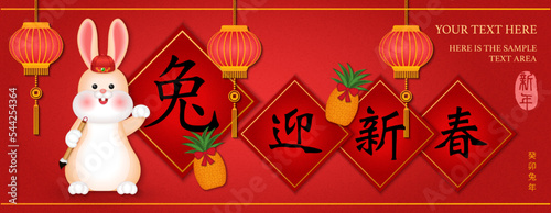 2023 Happy Chinese new year of cartoon cute rabbit writing spring couplet and pineapple lantern decoration. Chinese Translation : New year of rabbit photo