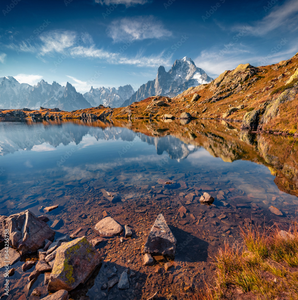 Gorgeous morning view of Chesery lake (Lac De Cheserys), Chamonix location. Astonishing outdoor scene of Vallon de Berard Nature Preserve, Graian Alps, France. Beauty of nature concept background..