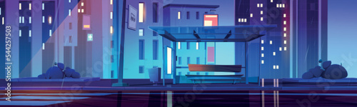 City street with bus stop in rain at night. Town landscape with public transport station with glass shelter, car road and buildings in rainy weather, vector cartoon illustration