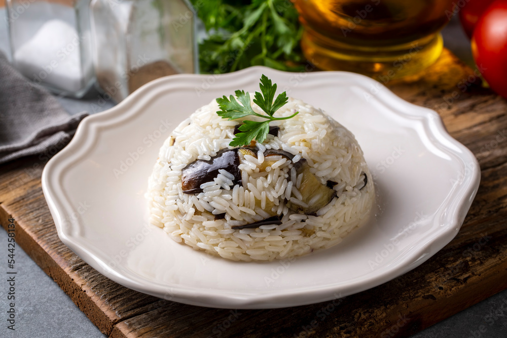 Traditional Turkish food; Eggplant rice pilaf. Turkish name; Patlicanli pirinc pilavi Traditional Turkish food; Eggplant rice pilaf. Turkish name; Patlicanli pirinc pilavi