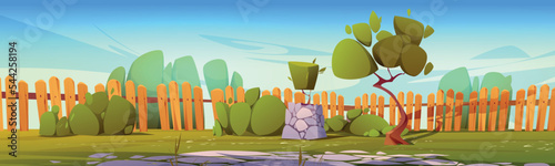 Backyard with wooden fence, green grass, bushes, trees and topiary. Empty countryside house yard, garden or park, summer landscape with fence and stone paved ground, vector cartoon illustration