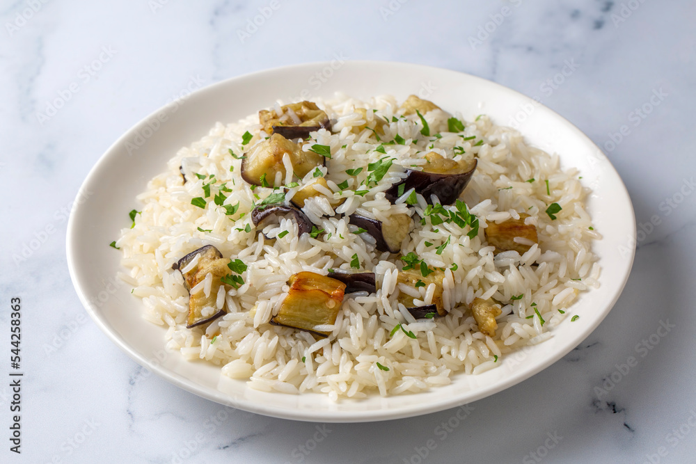 Traditional Turkish food; Eggplant rice pilaf. Turkish name; Patlicanli pirinc pilavi Traditional Turkish food; Eggplant rice pilaf. Turkish name; Patlicanli pirinc pilavi