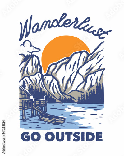 Wilderness vector t shirt graphic design. Mountain and lake vintage artwork for apparel, sticker, batch, background, poster and others.
