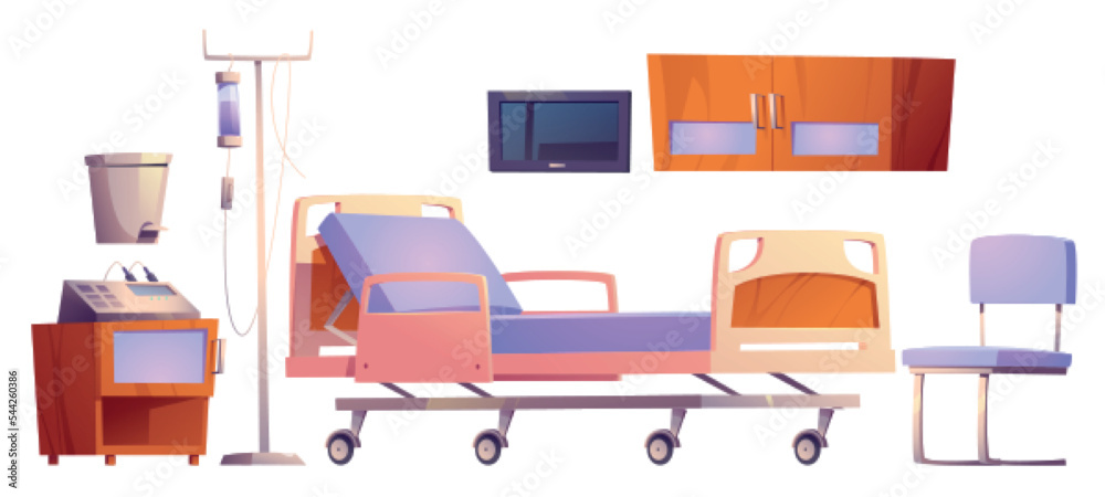 Hospital ward furniture, adjustable bed for patient, medical monitor and drop counter. Medical clinic room equipment for intensive therapy, vector cartoon set isolated on white background Hospital ward furniture, adjustable bed for patient, medical monitor and drop counter. Medical clinic room equipment for intensive therapy, vector cartoon set isolated on white background
