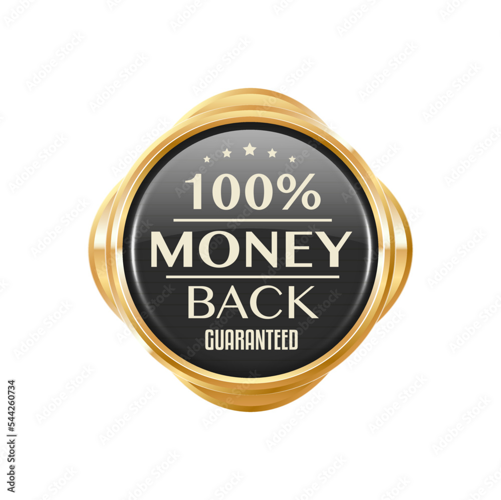 Money back golden badge and customer satisfaction label. Shop special offer golden sticker or badge, money back guarantee glossy metal vector stamp or label. Money return service tag or gold icon Money back golden badge and customer satisfaction label. Shop special offer golden sticker or badge, money back guarantee glossy metal vector stamp or label. Money return service tag or gold icon