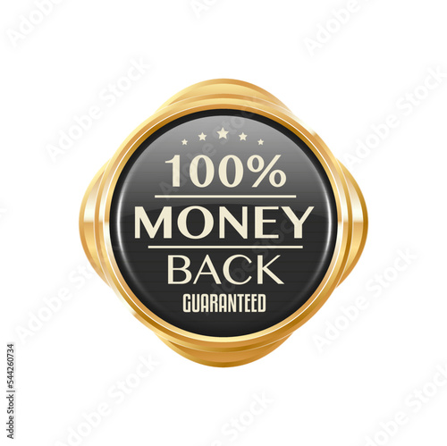 Money back golden badge and customer satisfaction label. Shop special offer golden sticker or badge, money back guarantee glossy metal vector stamp or label. Money return service tag or gold icon