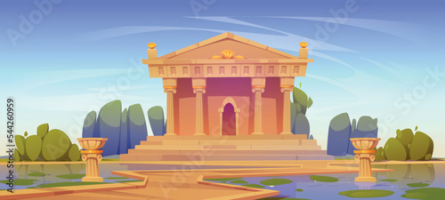 Greek or roman temple building, ancient architecture with columns and pediment. Summer landscape with antique palace with pillars and road through lake, vector cartoon illustration