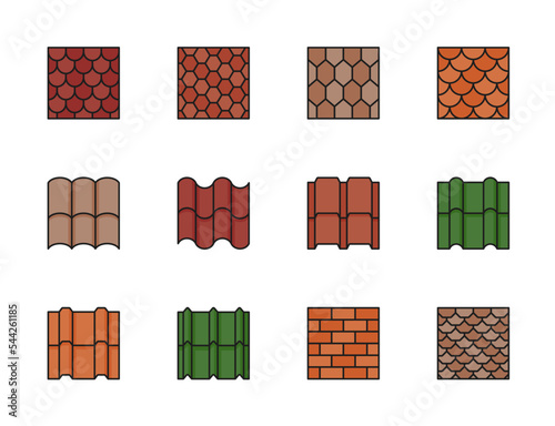 Color roof tile icons. House building rooftop metal sheet material texture or isolated vector pattern. Home roof terracotta ceramic tile, clay brick wall surface backgrounds set