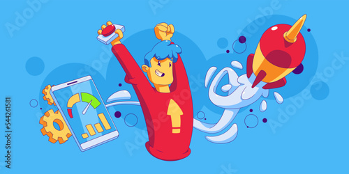 Boost traffic business and social media concept with contemporary character optimize internet connection speed quality launch rocket up in air, progress, growth, Linear cartoon vector illustration