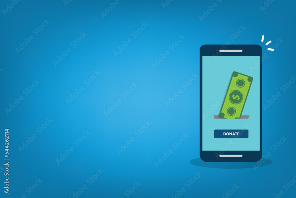 Donate, donation concept. Dollar bill and donate button on a mobile phone. Vector illustration. Donate, donation concept. Dollar bill and donate button on a mobile phone. Vector illustration.