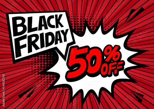 50 Percent OFF Discount on a Comics style bang shape background. Abstract vector black Friday vector illustration. halftone dot versus comic.  Pop art comic discount promotion banners.