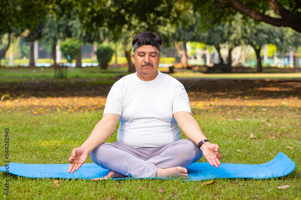 Fototapeta premium Indian man doing yoga meditation exercise in the green forest nature. fitness and healthy lifestyle.