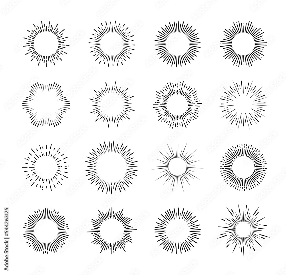 Sunburst and star burst, explosion line patterns. Firework, light sparkle thin line vector rays. Space star energy burst symbols, explosion flare particles or magic spell glow beams Sunburst and star burst, explosion line patterns. Firework, light sparkle thin line vector rays. Space star energy burst symbols, explosion flare particles or magic spell glow beams