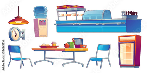 School canteen, cafeteria interior set with counter, table, chairs, water cooler and fridge. University or college buffet furniture, vector illustration in contemporary style