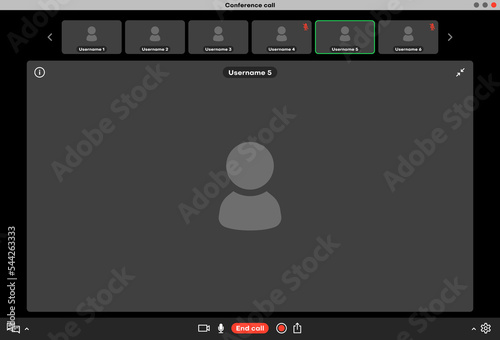 Group videocall, live webinar app interface. Remote meeting app window, interface frame or group videocall program vector layout. Company team video conference application display photo