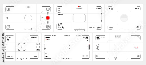Video and photo camera viewfinder screen display frames. Photo camera viewfinder or camcorder overlay grid vector background. DSLR interface border with rec and battery, aperture, exposure indicator
