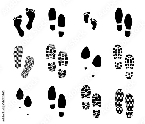 Shoes footprint, footwear and barefoot traces. Foot tread or footwear vector trails. Boot print, human baby foot and sneakers, woman shoe, hiking boot soles traces, slippers and flip flops footprint