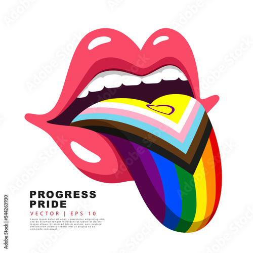 Red lips with a protruding tongue painted in the colors of the LGBT flag. LGBTQIA + symbols. Rainbow flag. An international symbol