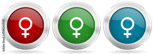 Female vector icon set. Red, blue and green silver metallic web buttons with chrome border