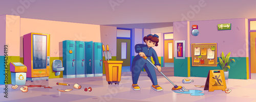 Janitor woman mopping floor in school hallway with scatter rubbish and waste on dirty floor. Female character cleaner wear uniform cleanup corridor in college campus building with wet floor sign