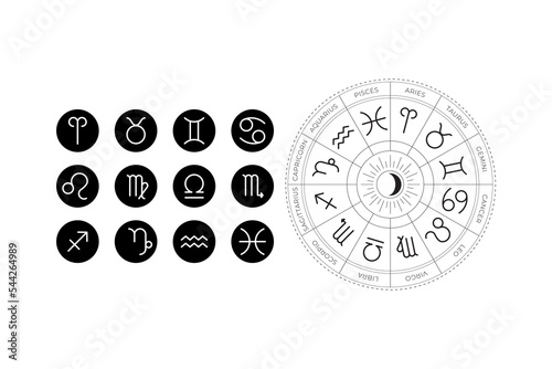 Universal zodiac circle with signs and naming. Vector horoscope calendar featured sun and moon symbols 