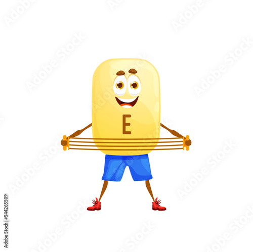 Cartoon vitamin E athlete character with expander. Tocopherol sportsman Isolated vector funny oil capsule personage fitness and sport exercises. Nutrient bubble sportsman training with weight in gym