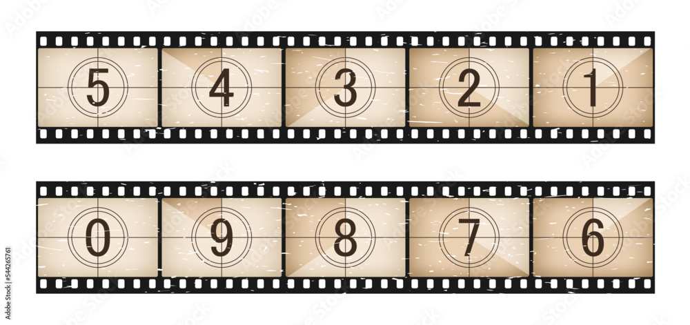 Movie time countdown grunge film strip. Retro cinematography countdown ...