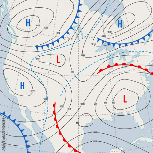 Forecast weather isobar USA map. Meteorology wind front and temperature diagram. United States of America weather forecast isobar map or vector background with cyclones, atmospheric pressure borders